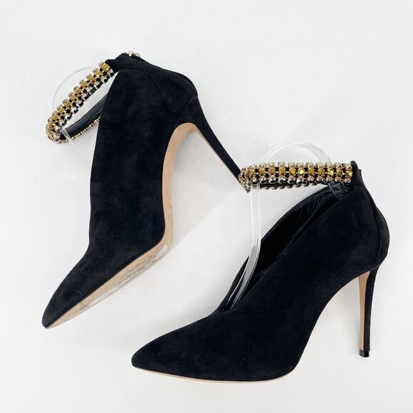 Jimmy Choo Lux 100 Black Suede Gold Crystal Ankle Strap Vamp Booties size IT 40 - Picture 4 of 11